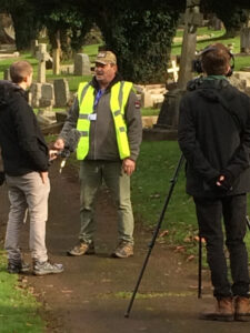 Steve Todd, Vane Hill care home manager, being interviewed by BBC Radio Devon about volunteering for the 'Eyes On, Hands-On' project run by The CWGC